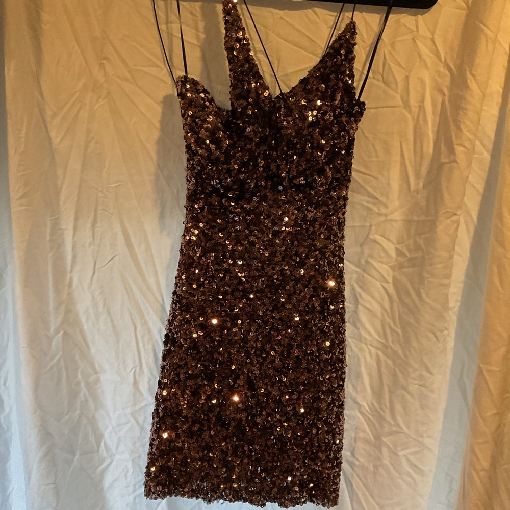 Astr Brown Sequin Bodycon homecoming Mini Dress One Shoulder size XS